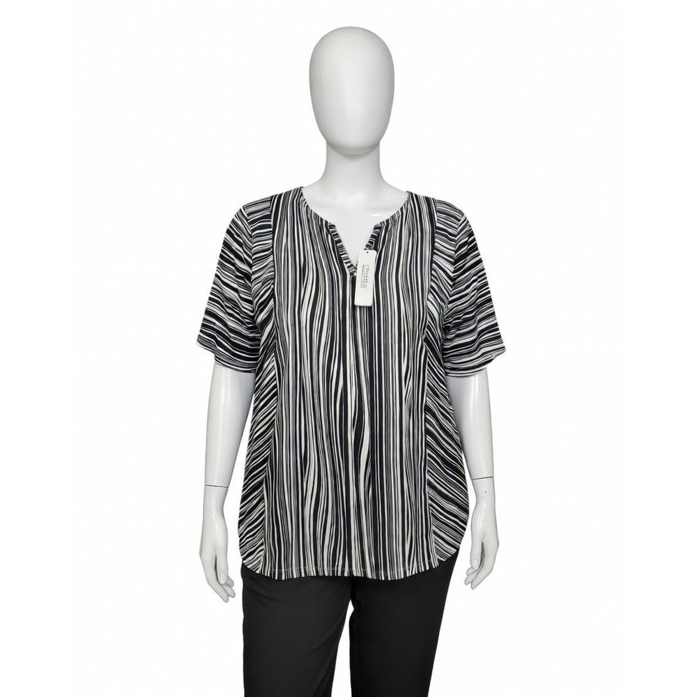 Chico's Black White Striped V-Neck Blouse with Pockets Size 1
